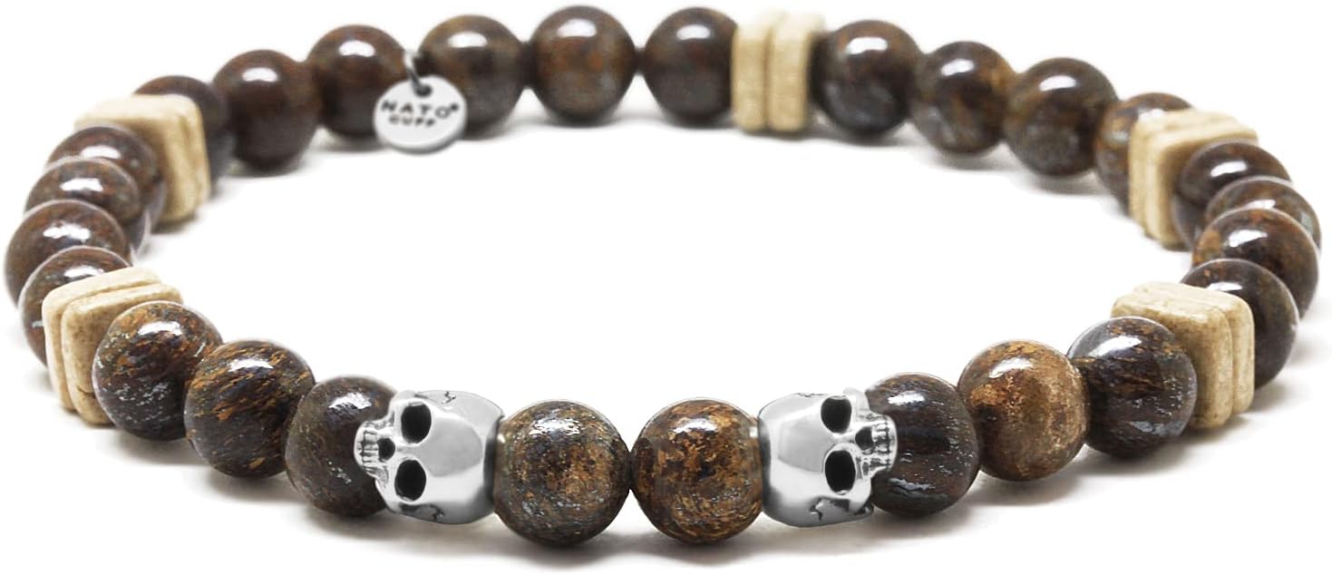 Nato Cuff - 925 Sterling Silver Skull Bracelet - Bronzite Gemstones Beads - Artisanal Greek Ceramic Beads - Handmade in France-Mens and Womens Jewelry