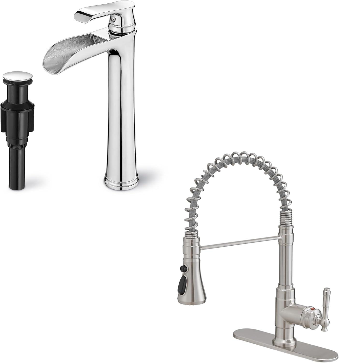 Kitchen Faucet, 3-Modes Kitchen Faucets with Pull Down Sprayer, Waterfall Vessel Bathroom Sink Faucets 1 or 3 Hole, Single Handle High Arc Faucets with Deck Plate, Chrome & Brushed Nickel