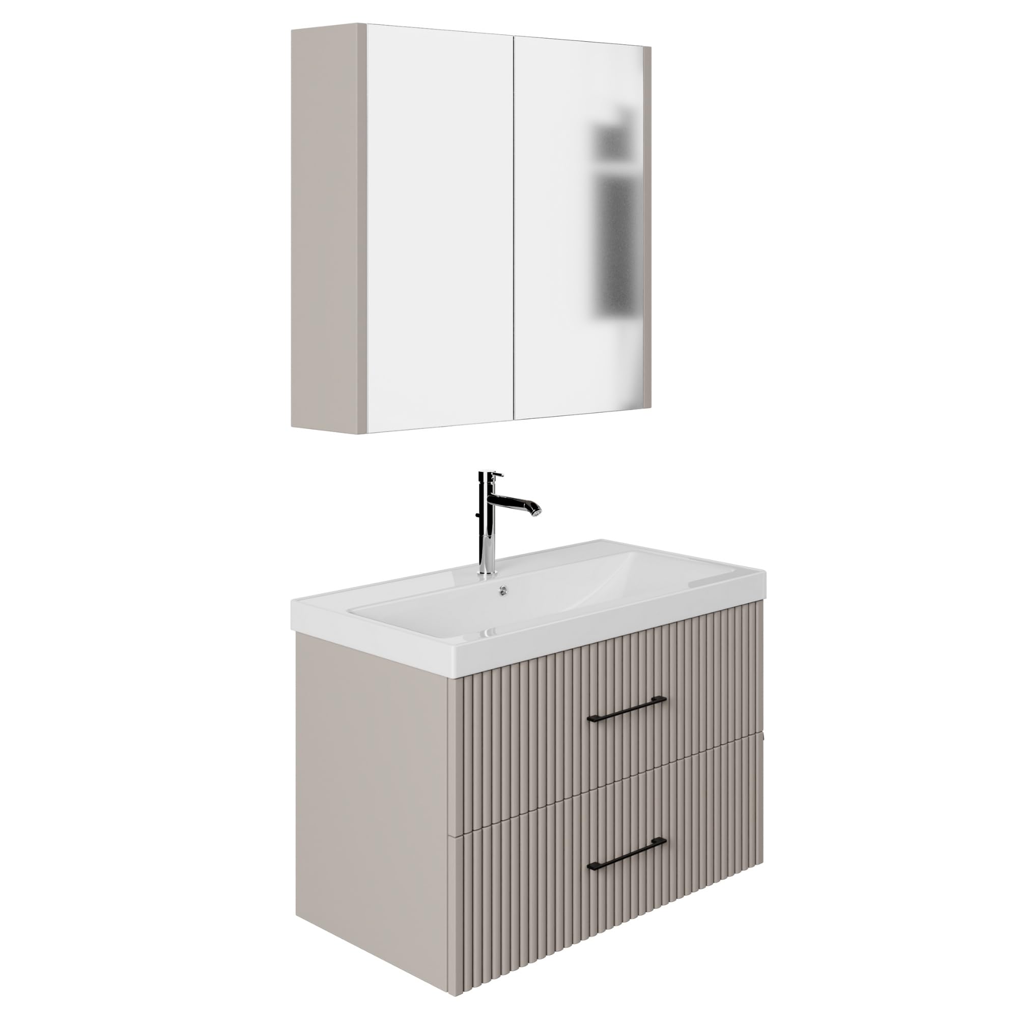 Badmöbel Set Liana 80 | Keramikwaschbecken | Unterschrank | Spiegelschrank | Softclose-Schubladen & -Türen | Riffeloptik & Bügelgriffe | Eleganter Stil | Badmöbel | Waschtisch mit Unterschrank 80 cm