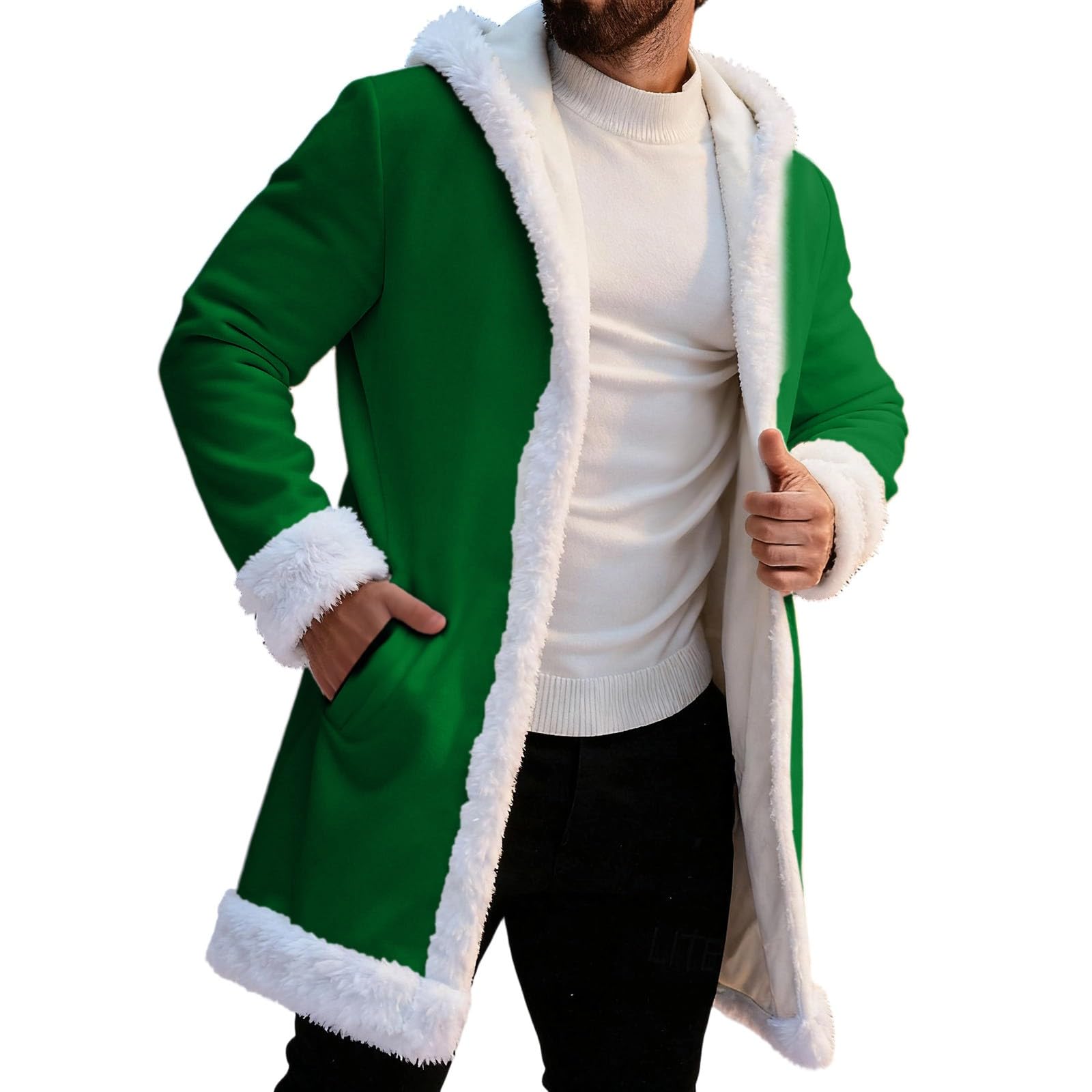 Christmas Costume for Men Velvet Santa Coat Red Hooded Cape Evening Dress Santa Jacket Christmas Party Cardigan with Plush Lining — image 1
