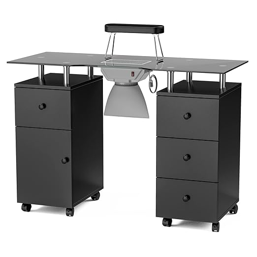 Paddie Manicure Table, Glass Table Top Nail Table Station