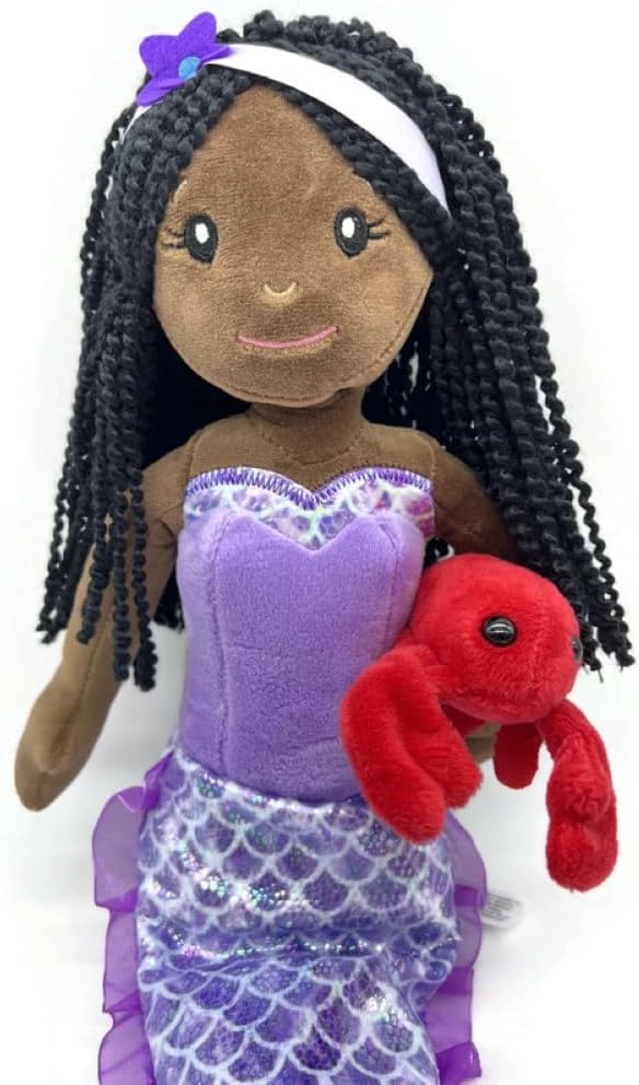The Petting Zoo Mermaid Doll with Lobster Stuffed Animal, Gifts for Girls, Plush Mermaid Doll with Lobster Plush Toy -17 Inches (African American)