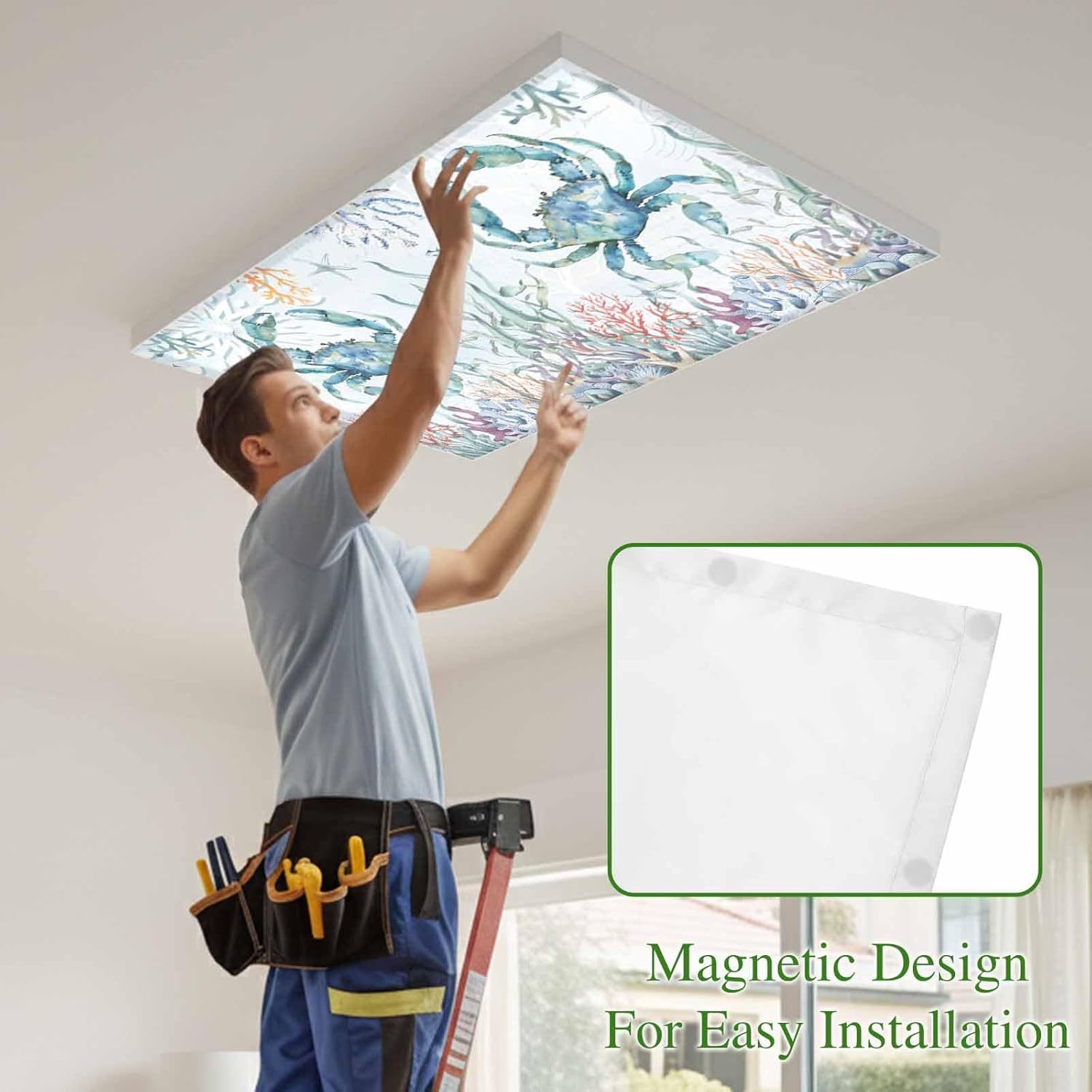 Turquoise Carbs Coastal Fluorescent Light Covers for Ceiling Lights 4x2 feet,4 Pack Magnetic Light Filters for Classroom,Nautical Summer Beach Coral Jellyfish Fluorescent Lamp Shade Panel for Office