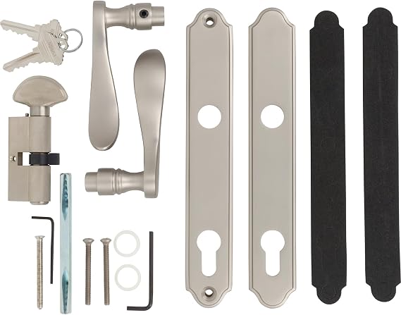 Rockwell Security Traditional Swing Brass Door Handle Set with Cylinder Locking System in Brushed Nickel Finish- Fits 1 3/4 Inch Thick Doors for Residential Use (Mortise Multipoint Lock Not Included)