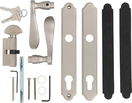 Rockwell Security Traditional Swing Brass Door Handle Set with Cylinder Locking System in Brushed Nickel Finish- Fits 1 3/4 Inch Thick Doors for Residential Use (Mortise Multipoint Lock Not Included)