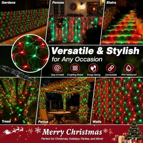 Image of Dazzle Bright Christmas Net Lights, 360 LED 12FT x 5 FT Transparent Wire Waterproof Connectable String Lights with 8 Modes for Bushes Garden Party Holiday Decoration (Red and Green)