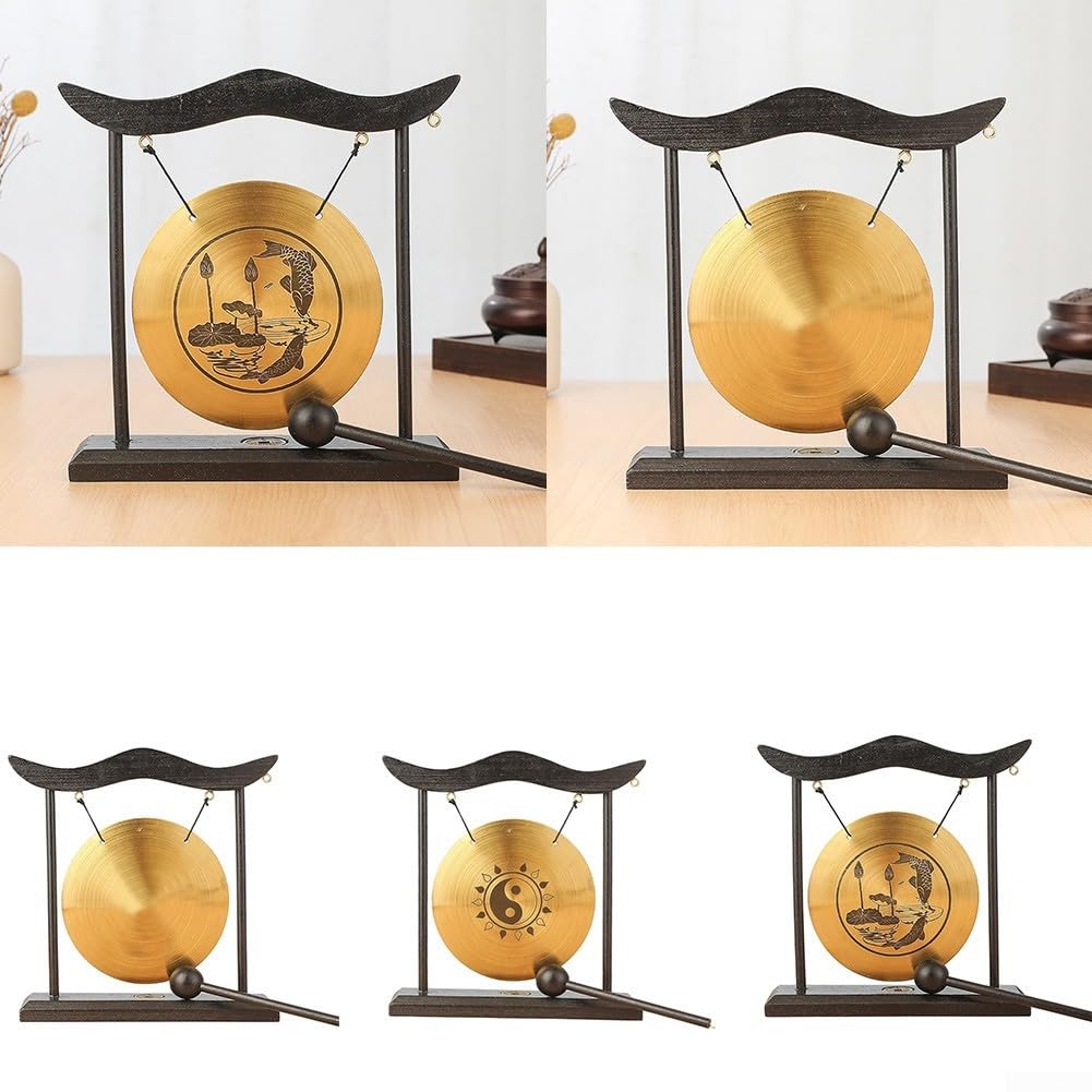 DAZZLEEX Feng Shui Gong in ottone, con base e telaio in legno, disco in rame e martello in legno, per decorazione cinese per la casa e l'ufficio, ornamento decorativo per l'inaugurazione della casa