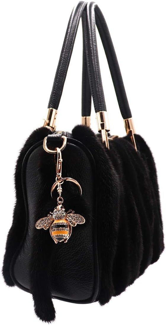 surell Genuine Mink Fur Pom Bumble Bee Bling Keychain - Bag Beach Purse Charm - Bumblebee Pocketbook Accessory