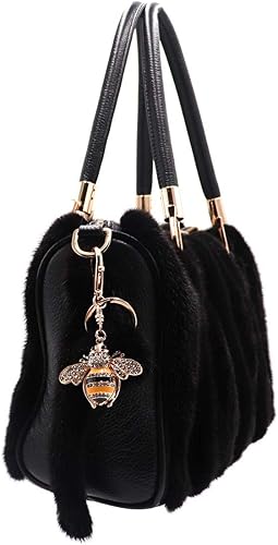 Vista 2 de surell Genuine Mink Fur Pom Bumble Bee Bling Keychain - Bag Beach Purse Charm - Bumblebee Pocketbook Accessory