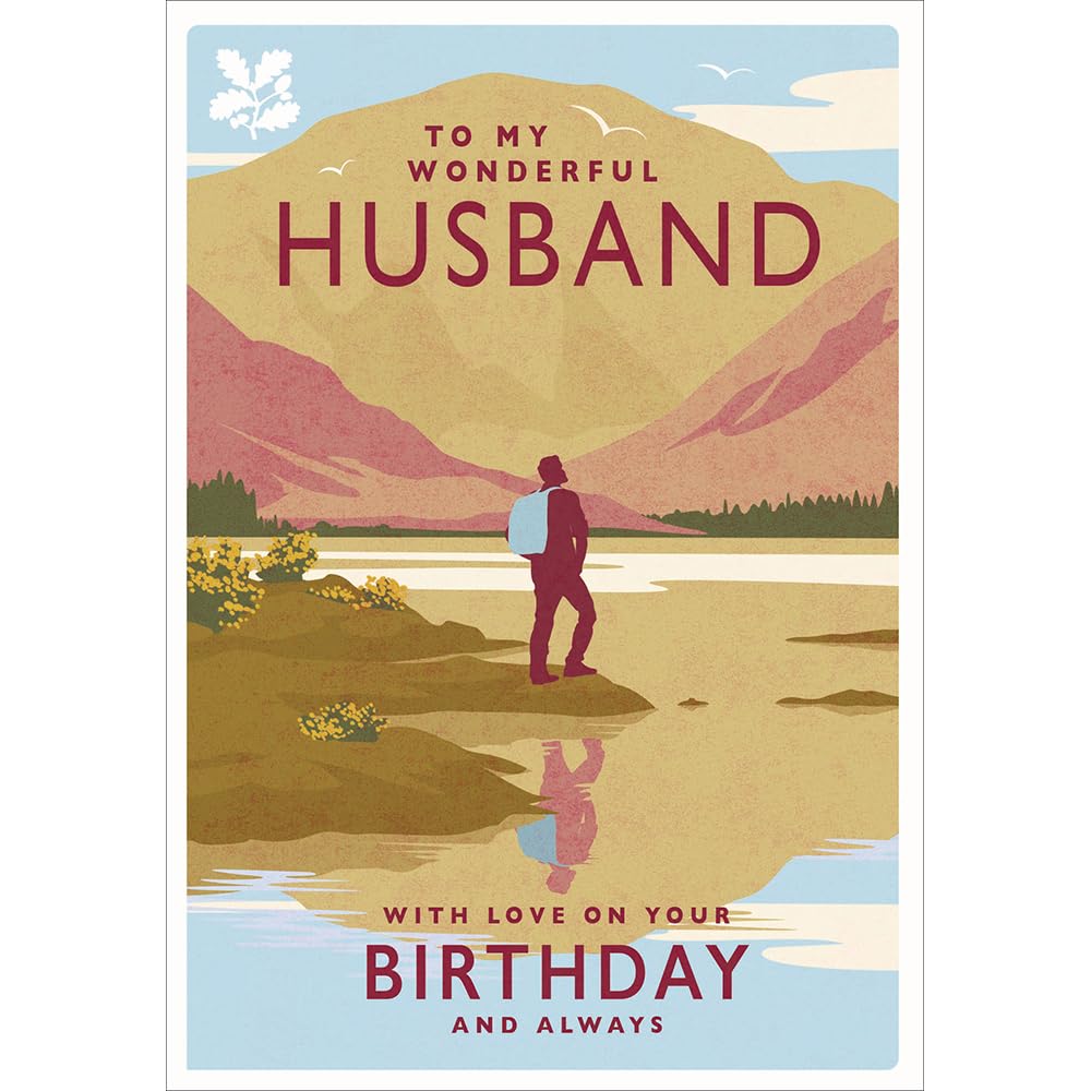 Woodmansterne Birthday Card for Husband - National Trust Mountain Lake Design - Artistic Birthday Greeting Card for a Wonderful Husband - For Him