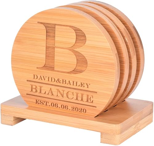 Miniatura 13 de Posavasos de bambú personalizados, posavasos de monograma grabados personalizados con soporte, grandes regalos para familiares, amigos o para ti