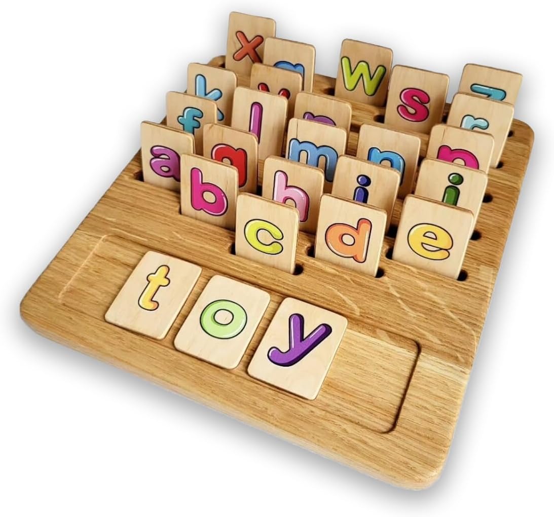 Gift for toddler Alphabet board with colored lowercase letters Waldorf Montessori toy Alphabet flash cards Moveable Alphabet homeschool toy (Board + 1 set of cards)