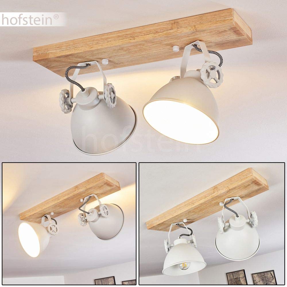 HOFSTEIN Deckenleuchte Svanfolk, verstellbare Deckenlampe aus Metall/Holz in Weiß/Natur, Leuchte im Industrial/Retro/Vintage-Design mit Holzbalken, 2 x E14, Wohnzimmer, Esszimmer, Schlafzimmer, Küche