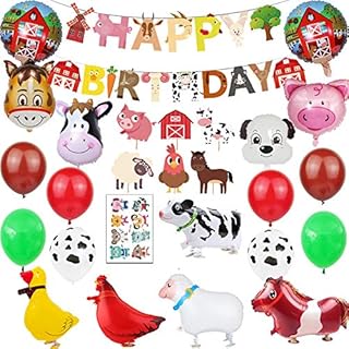 Farm Animal Party Decorations 67pcs Farm Walking Balloons Cupcake Toppers Cupcake Toppers Happy Birthday Banner for Boy or Girls Barnyard Birthday Party Supplies
