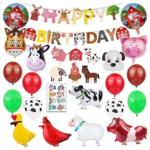 Finypa Decoración para fiestas de animales de granja, 67 unidades, globos para caminar en la granja, decoraciones para magdalenas, decoración de cupcakes, pancarta de feliz cumpleaños para niños
