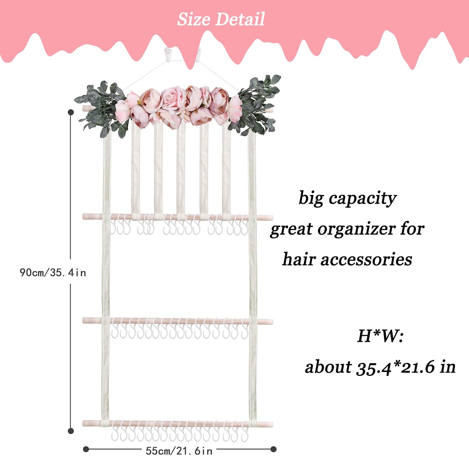 Headband Holder for Girls Hair Bows, Large Capacity Baby Headbands Organizer Storage Hair Clips Hanger Storage Flower Crown Bow Holder Wall Door Hanging Decor for Nursery Room