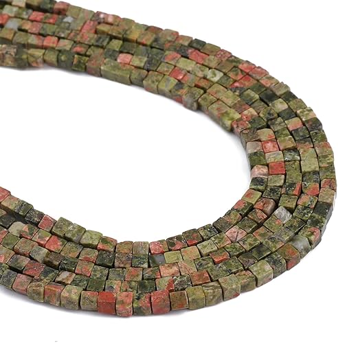 BEADIA Cuentas espaciadoras de cubo de unakita natural de 0.157 in, cuentas de piedra cuadradas sueltas para hacer joyas, 15.0 inhebra