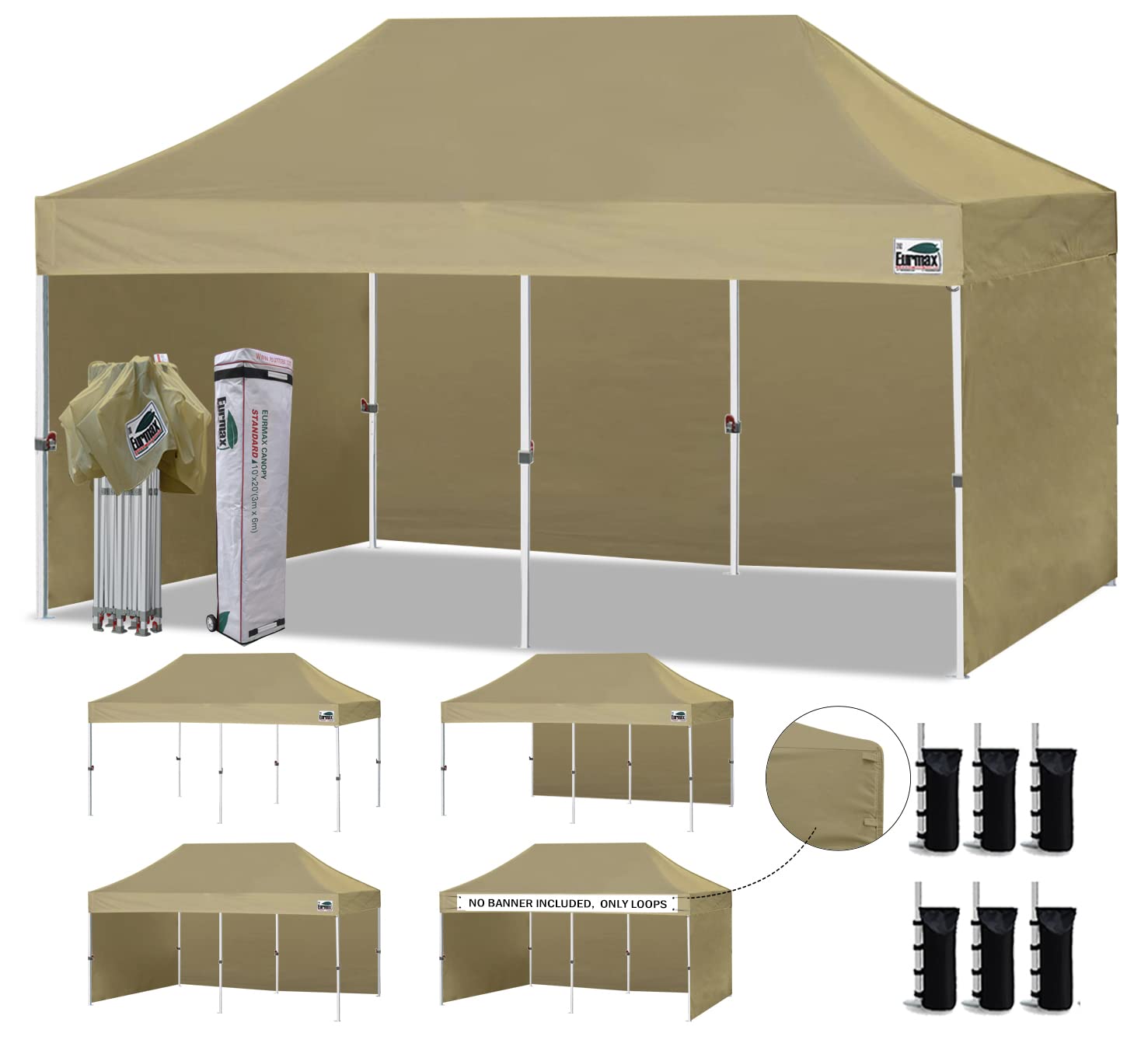 Eurmax USA 10x20 Pop Up Canopy Tent,Commercial Tent with Patented No-Tip Rolling Bag,4 Zippered Removable Walls,UV &amp; Water Resistant Canopy Top,Heavy Duty Outdoor Gazebo,Instant Shelter(Khaki)