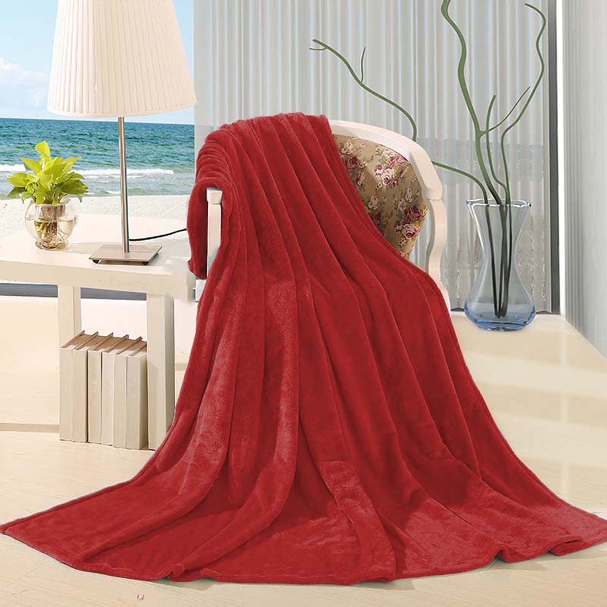 Manta de forro polar de coral ultra suave, manta mullida para sofá, manta cálida para casa, oficina, coche, cama, sofá de viaje (200 x 230 cm, rojo)