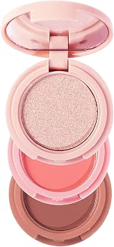Stackable Triple-Layer Eyeshadow Palette with Mirror - Compact Round Case in Pale Pink Featuring Shimmer Rose-Gold Matte Coral-Pink & Terracotta-Brown Shades for Versatile Everyday Makeup