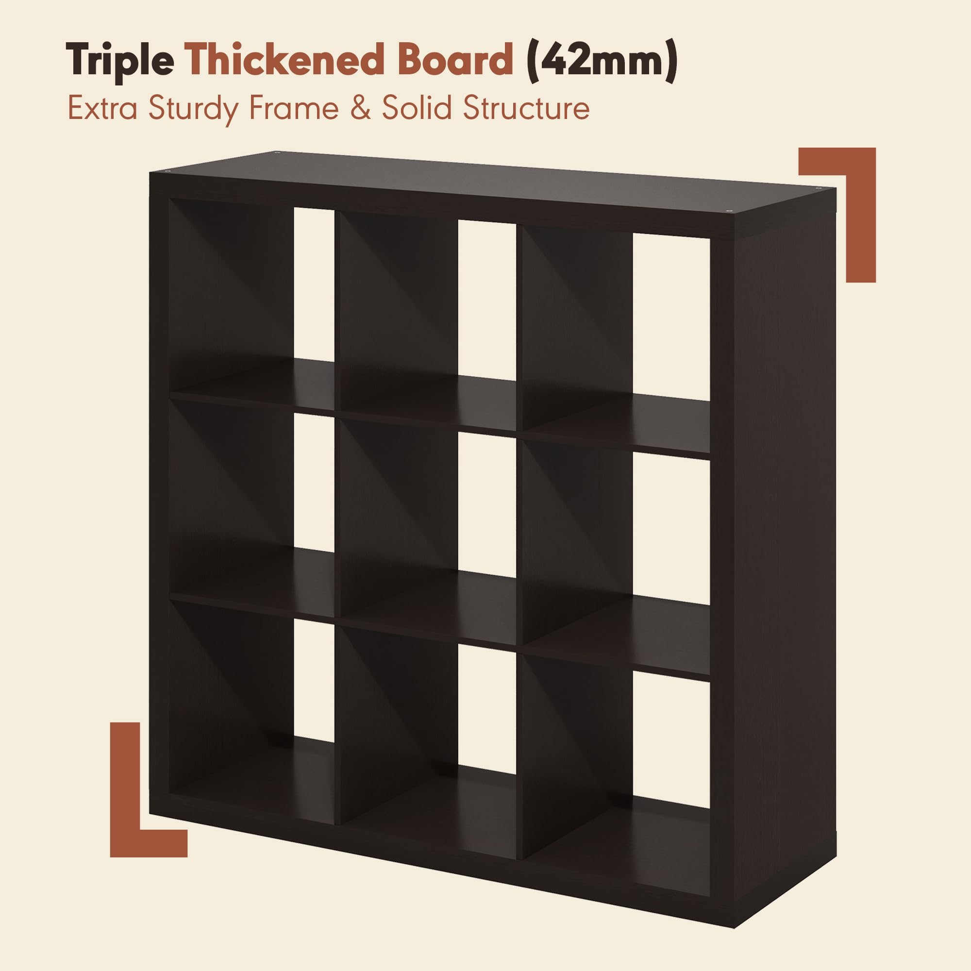 Furinno CUBICLE Mobile per Giradischi con Raccoglitore per Vinili, 9-Cube 1.8 Triplo Spessore Raccoglitore per Dischi in Vinile, Scaffale Multimediale per CD DVD Dischi, Rovere Scuro Nero