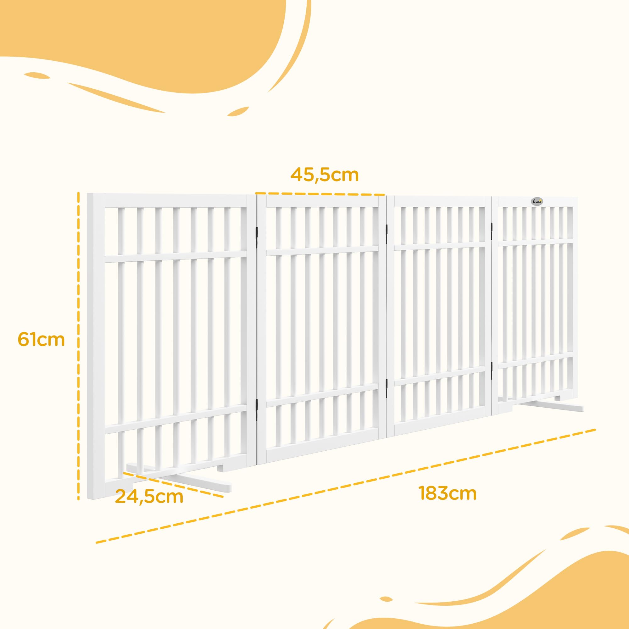 PawHut Absperrgitter Hund Freistehend für Kleine Hunde 61 x 183 cm Weiß | Schutzgitter mit 2 Stützfüßen, 4 Paneelen, Holz Hundegitter Klappbar, Treppen, Türen, Treppengitter, Absperrungsgitter