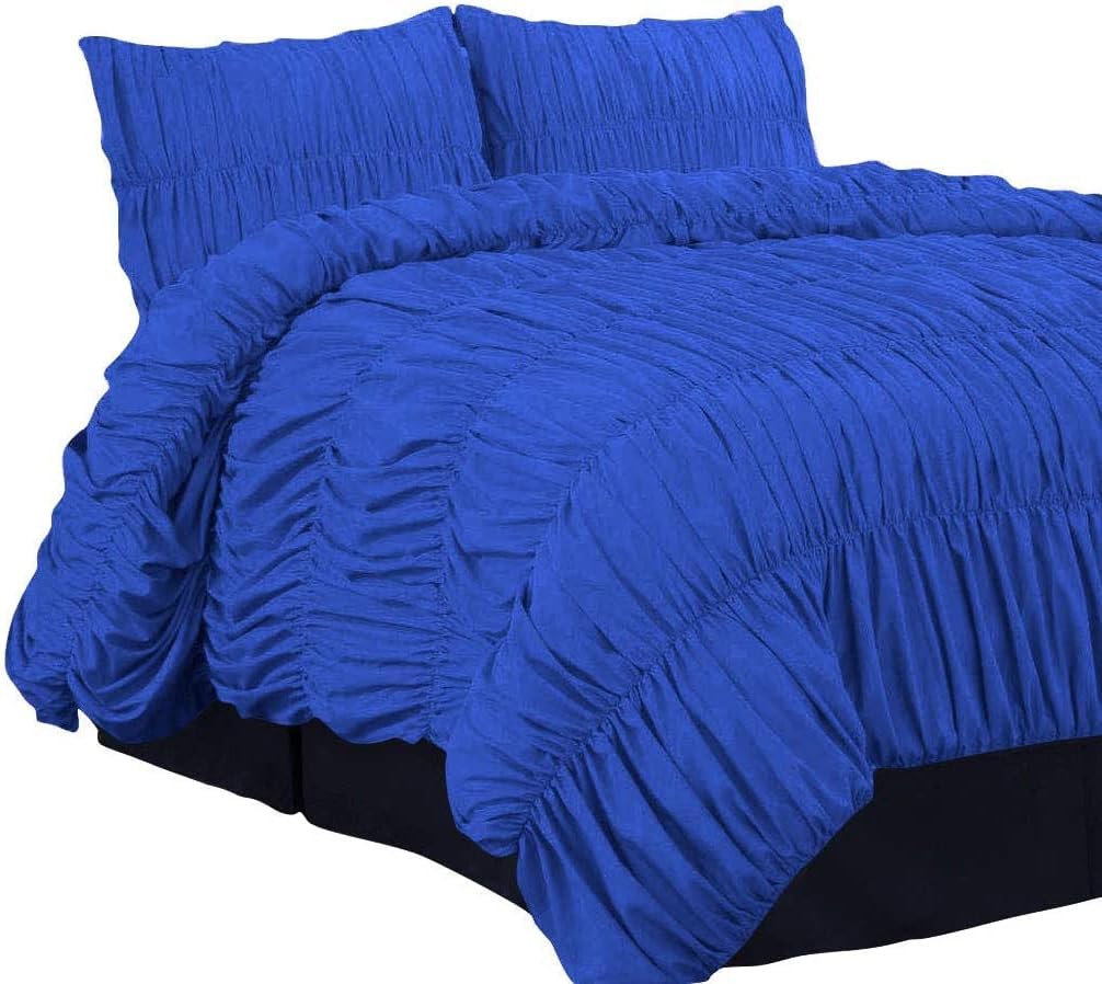 Navy Blue Ruffle Gathered 3 Pieces Duvet Cover Hidden Zipper Closure 500 TC Egyptian Cotton (1 Duvet Cover & 2 Pillow Shams) Full/Queen Size
