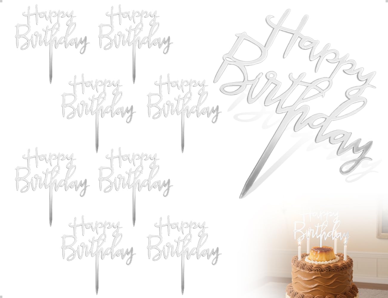 ZoeTekway 8 Stück Happy Birthday Tortendeko,Wiederverwendbarcake Acryl Kuchendekoration,verwendet für Babyparty Geburtstag Jubiläen Party Zuhause Desserts(Silber)
