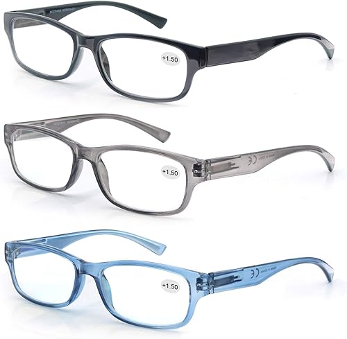 MODFANS Gafas de lectura para hombres y mujeres, paquete de 3 unidades, bisagra de resorte, color gris y azul