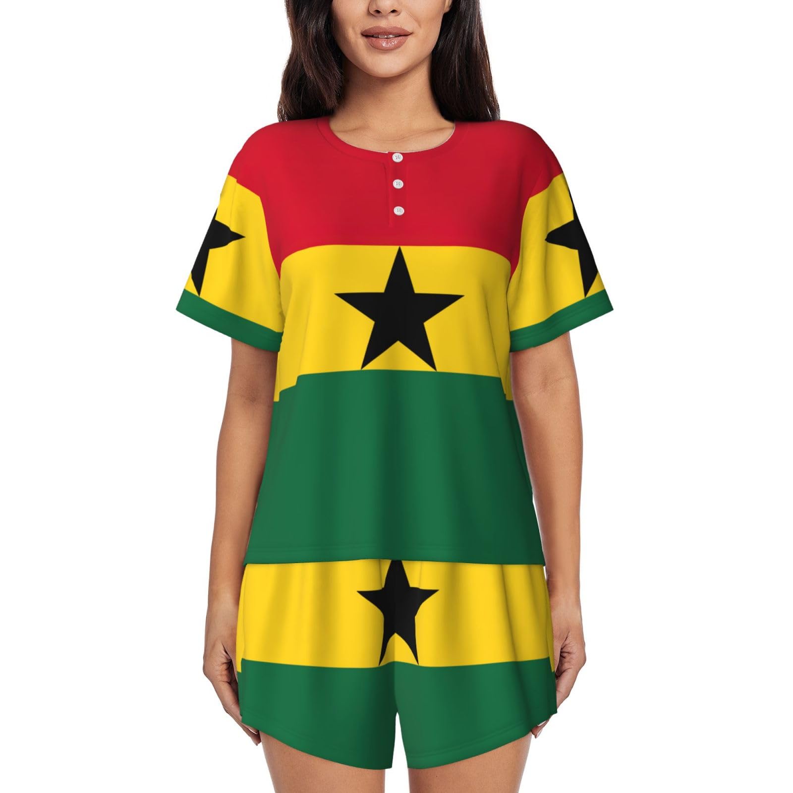 HDSKFNS Flag Of Ghana Print Pajamas For Women Set 2-Piece Sleepwear Short Sleeve Loungewear For Casual Home Wear, Black, XXL