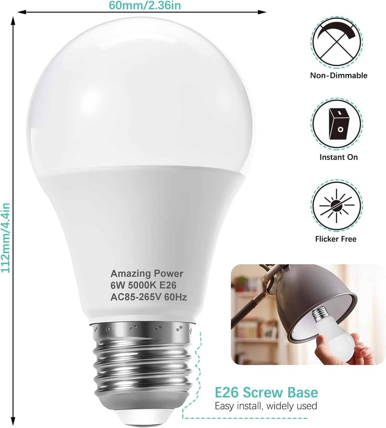 Amazing power E26 LED Bulb, 40W Equivalent Medium Base Light Bulb, Non-Dimmable, Daylight White 5000K, 6W Bright White LED Bulbs for Home Lighting Lamp, 4-Pack