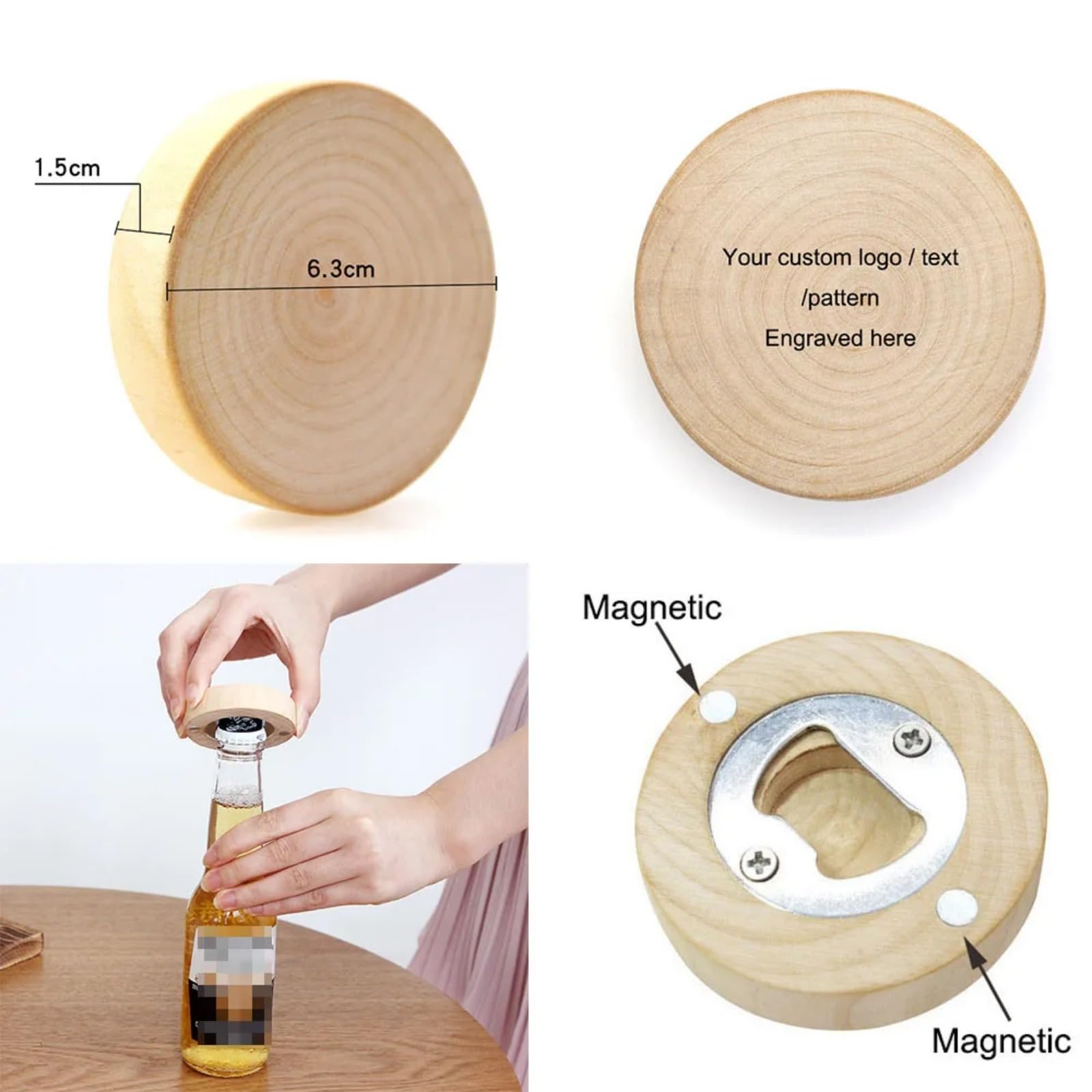 Abridor de botellas personalizado, recuerdos de boda, grabado personalizado, imán de madera para nevera, abrebotellas redondo para bodas, invitados, compromisos, cumpleaños, bautizos de bebé (100