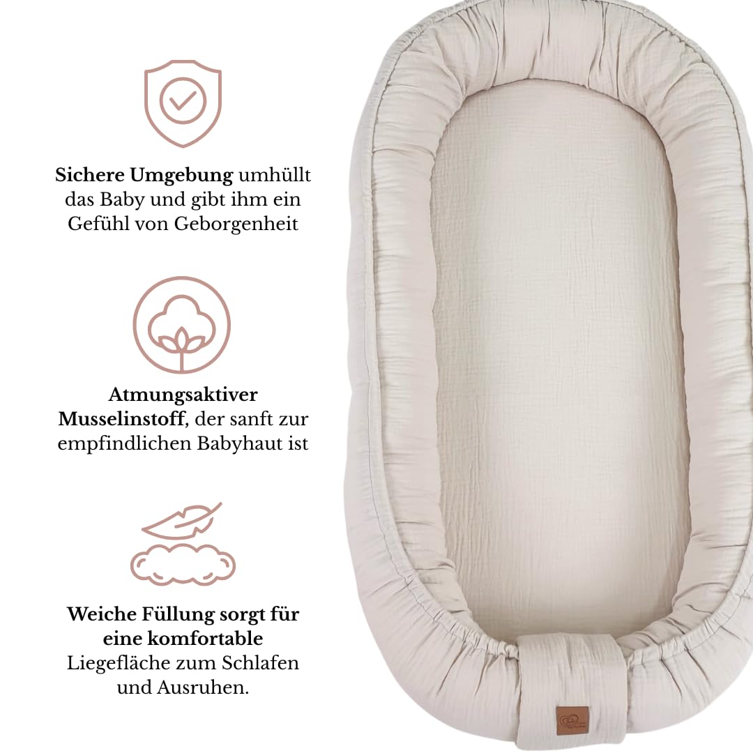 WIKLINOPOL Babynest, Nestchen für Neugeborene – Baby Nestchen 80x46 cm in Beige, Tragbares Nest aus Musselin - Baby Nest für Neugeborene mit herausnehmbarer Matratze