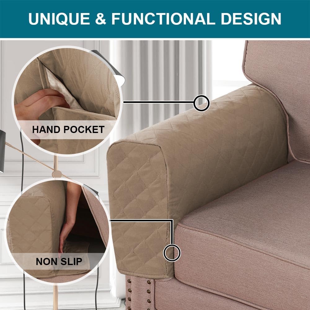 Turquoize 2 Pack Waterproof Armrest Covers for Chairs and Sofas Couch Arm Covers for Sofa Armrest Covers with Side Pocket Anti-Slip Furniture Protector Washable Armrest Slipcovers Set of 2, Khaki