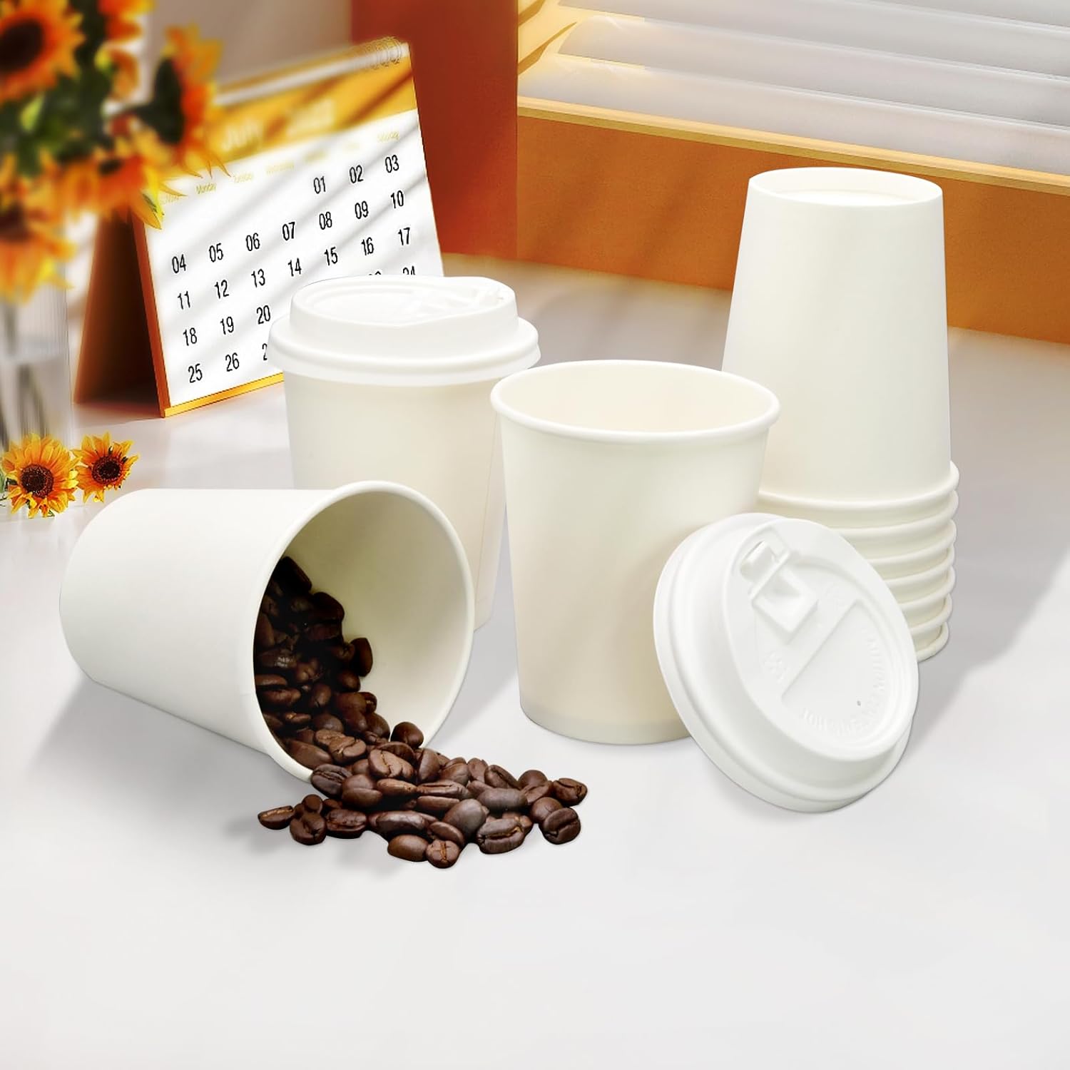 100 Pack Disposable Coffee Cups With Lids straws sleeves Disposable cups Paper Cup Tea Cups for Hot To with lids Cupping set Beverages shop Home Office Party Travel (8, Fluid Ounces)