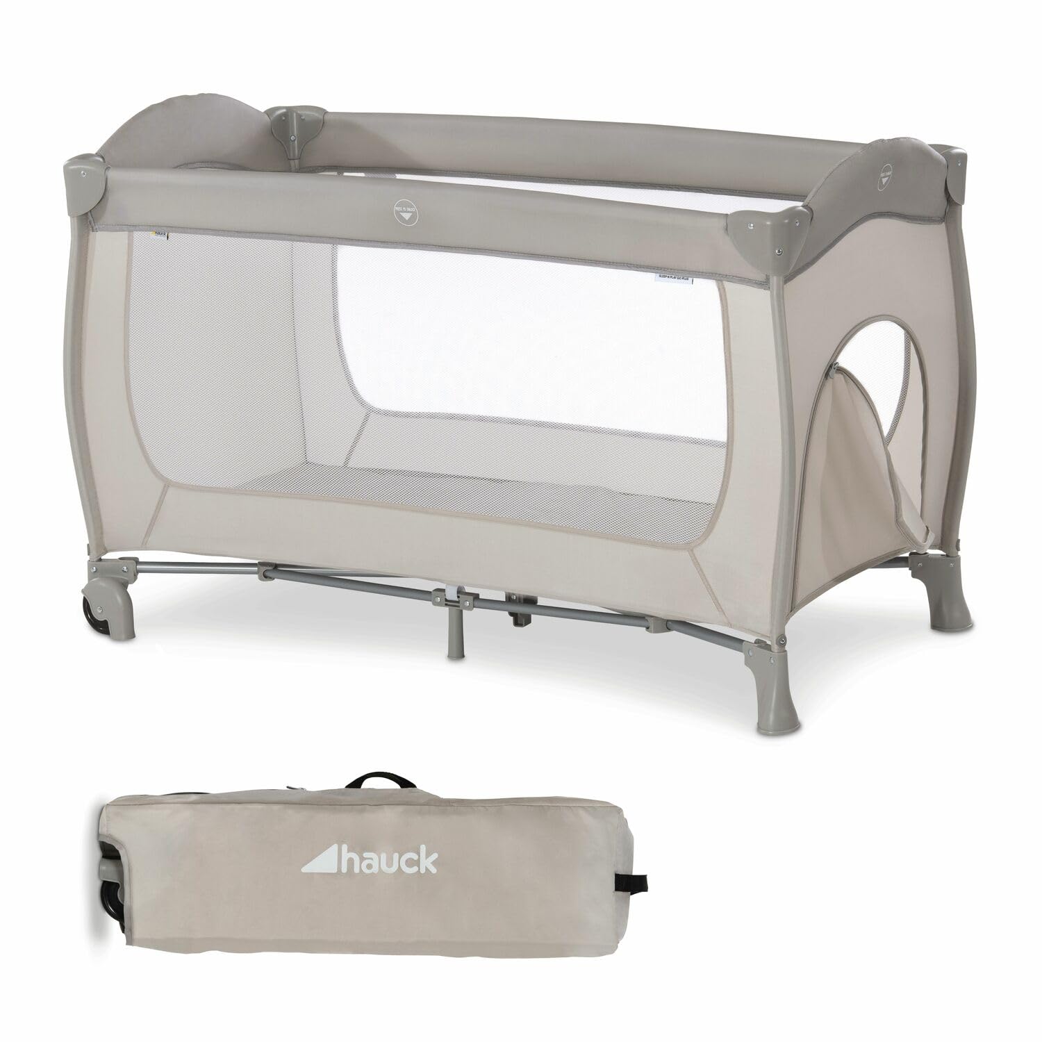 hauck Kinderreisebett Sleep N Play Go Plus mit Transporttasche, Rädern, Schlupf zum Spielen, Klein Zusammenklappbar, Baby Reisebett Kleinkind ab Geburt bis 15 kg (Beige)