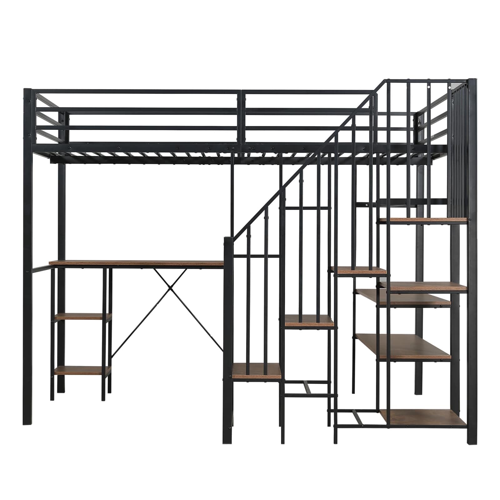 Lit Mezzanine en Fer, 120 x 200cm Lit en Hauteur, avec Bureau et Plusieurs étagères de Rangement, équipé d'un Escalier et Barrière de Sécurité(sans Matelas)