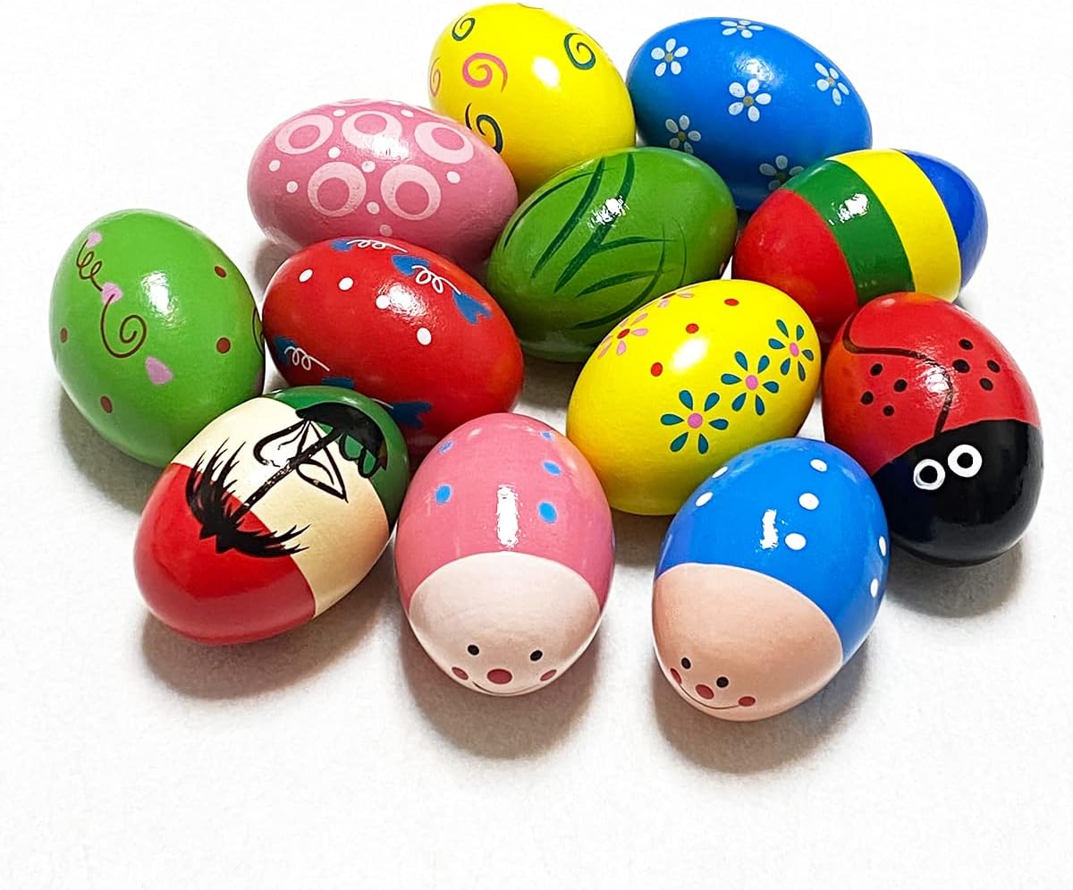 JoFAN 12 Pack Wooden Percussion Musical Shake Eggs Easter Egg Shakers for Kids Boys Girls Toddlers Easter Basket Stuffers Gifts