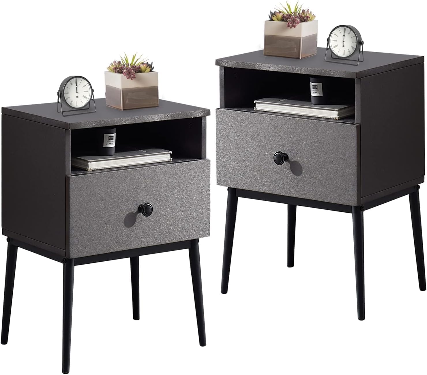 VECELO Night Stand for Bedroom Set of 2,Modern Solid Wood Nightstand with Storage Shelf and Drawer, Bedside Table End Table for Living Room,Bedroom,Entryway,Easy Assembly,Gray