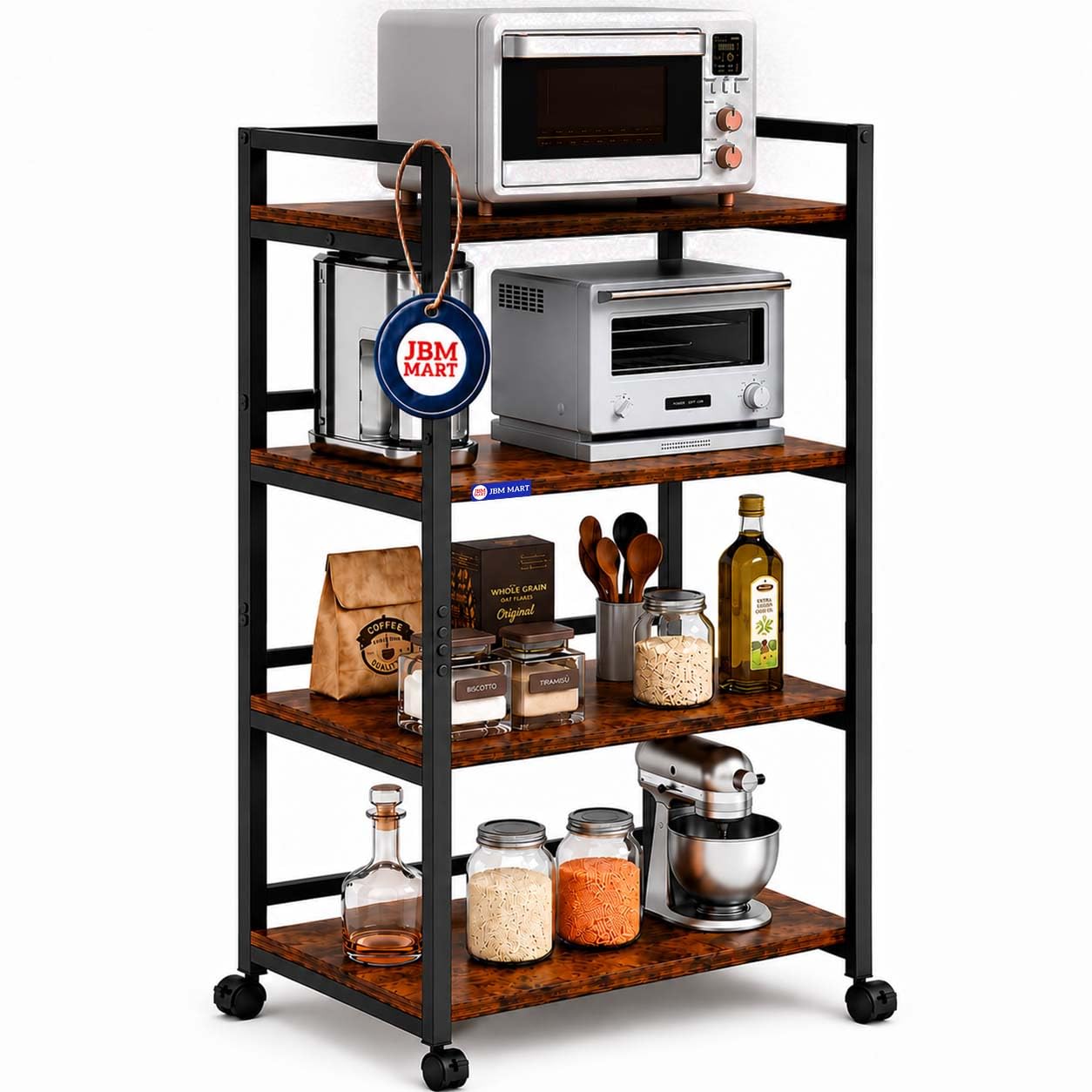 JBM MART 4-Tier Microwave Stand, Kitchen Storage Shelf, Walnut Brown and Black, Alloy Steel and Engineered Wood, 60x40x120 cm-image-39