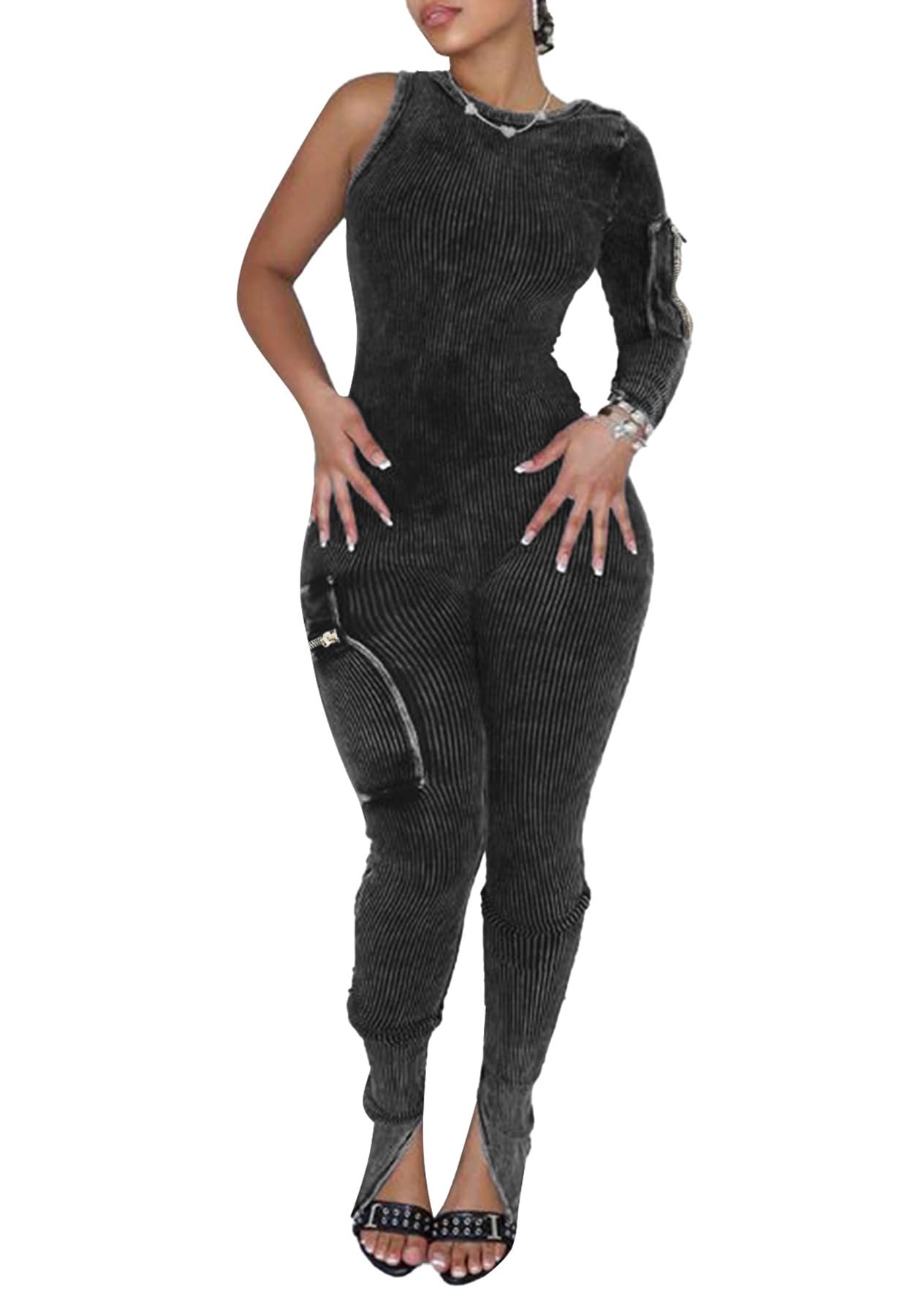 Geulis Combinaisons pour femme côtelées une épaule à manches longues Bobycon une pièce, leggings évasés extensibles
