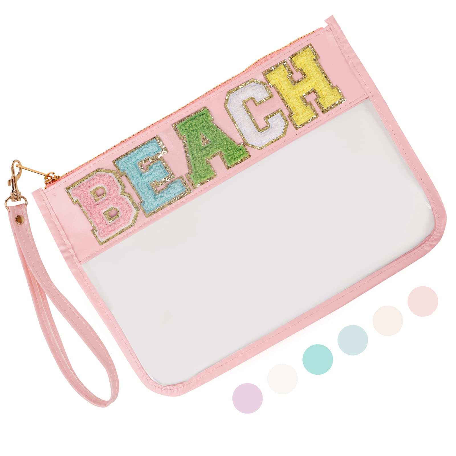 Iqimott Monogram Letter Clear Bag Purse, Chenille Glitter Letter Makeup Cosmetic Bag Patch Zipper Toiletry Pouch, Portable Travel Beach Snack Wristlet Bag for Women Girls(Beach, Pink)