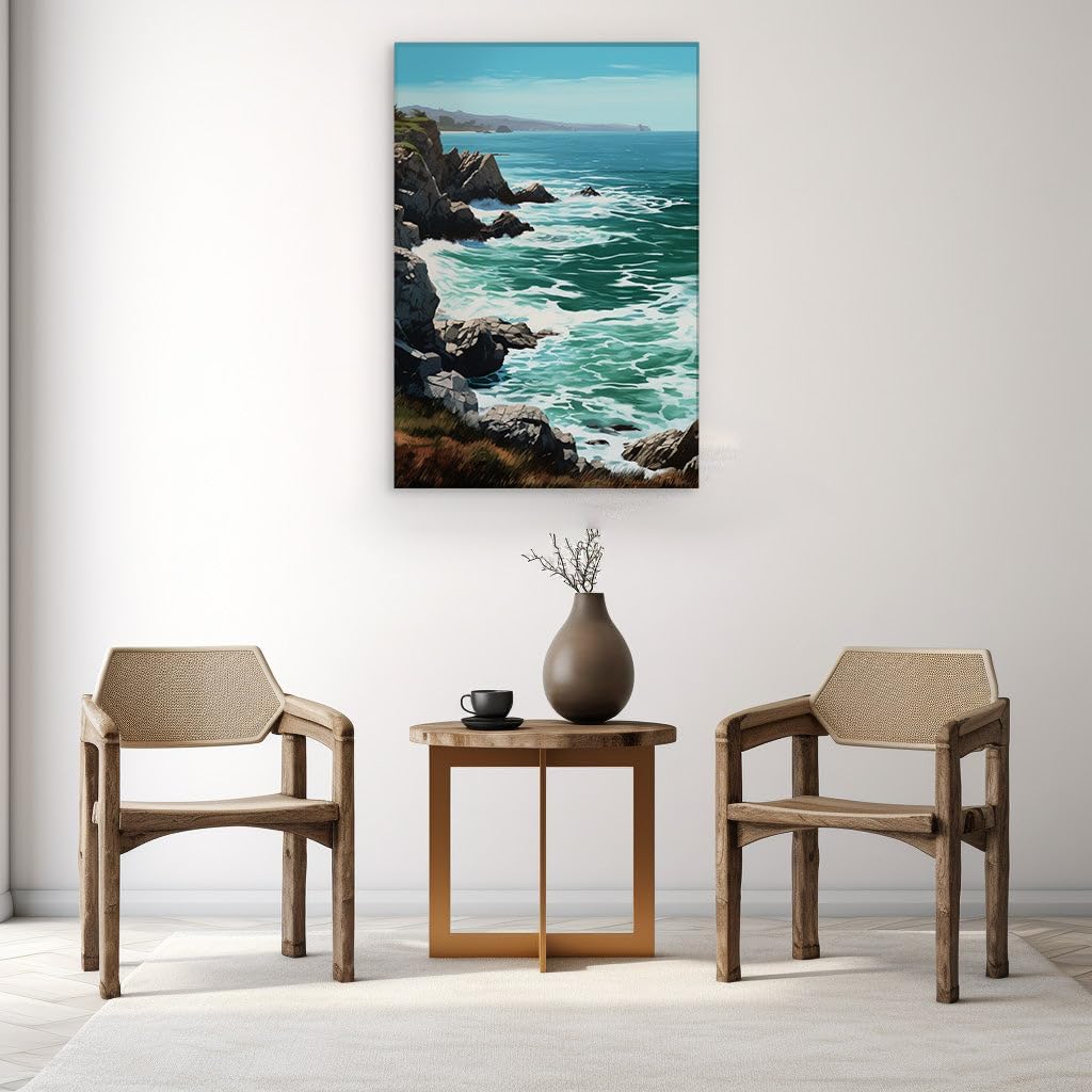 Canvas for Living room. Coastal Serenity Amidst Turbulent Waves: A Vivid Digital Seascape Masterpiece, 27 x 18 inch Canvas Wall Art - Contemporary Masterpieces - Modern Home Decor