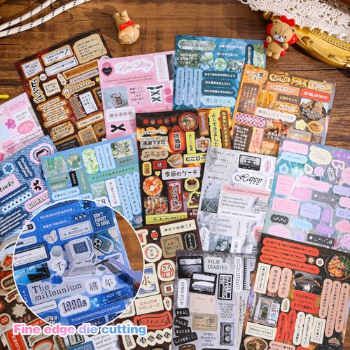 Image of Girl's Japanese Retro Words Sticker Book, 700+ Kawaii Japanese Phrase Stickers, Cute Kanji Kana Quote Stickers Book for DIY Scrapbooking Journaling Handbook Decoration