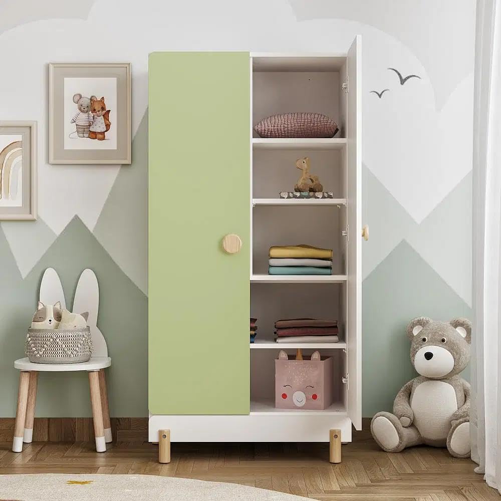 Wakefit Kids Wooden Wardrobe | 2 Shutter Almirah with Storage | Engineered Wood Cupboard for Kids Clothes | Sturdy & Stylish Wardrobe for Bedroom (Frosty White & Mellow Green)