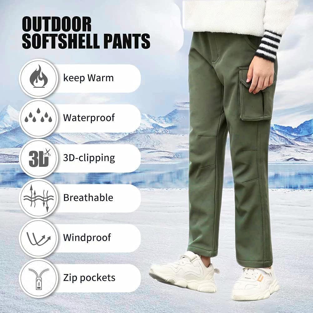 JOMLUN Boy's Hiking Pants Fleece Lined Cargo Snow Soft Shell Ski Waterproof Windproof Warm Outdoor Insulated Trousers Winter - Image 2