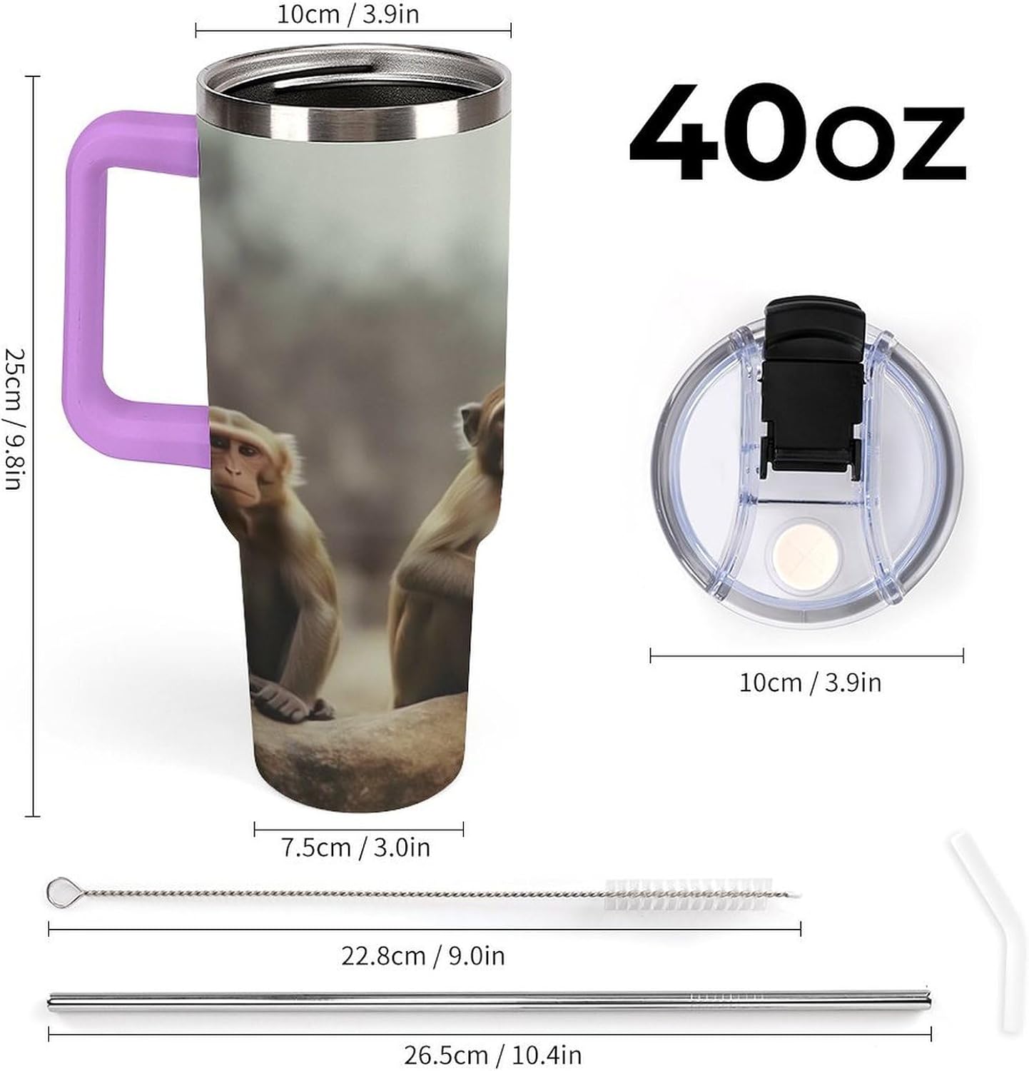 Sitting Monkey Travel Coffee Mug Reusable Durable Stainless Steel Insulated Tumbler with Handle And Straw Leak Resistant Portable Thermal Cup Gifts for Men Women 40 Oz