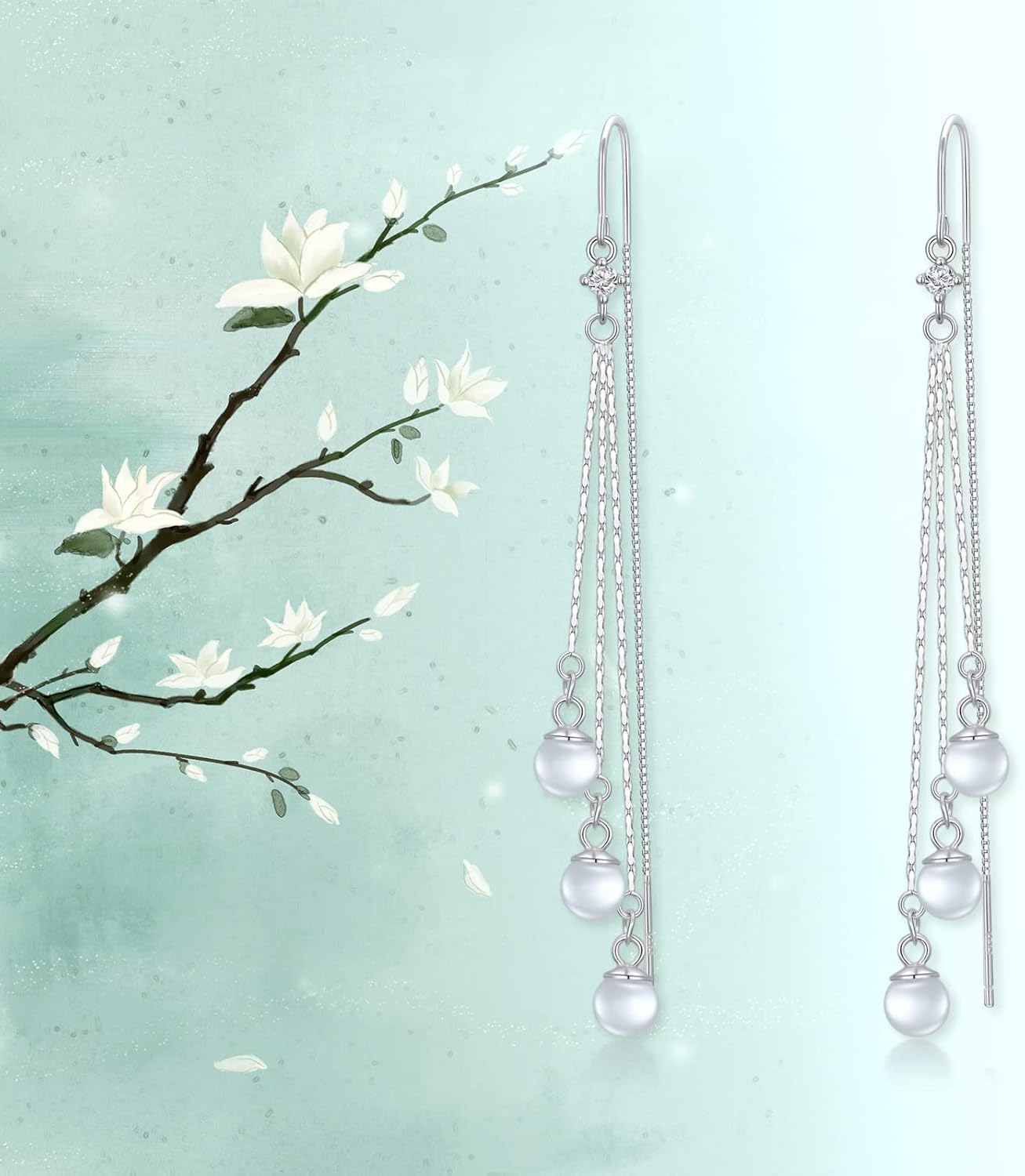 Sterling Silver Threader Earrings Flower Heart Moon Star Tiny Cube Rhombus Sector Beads Dream Catcher Evil Eye Butterfly Leaf Lightning Bolt Tassel Dangle Drop Chain Charm Earrings Jewelry Gifts for Women - Image 6