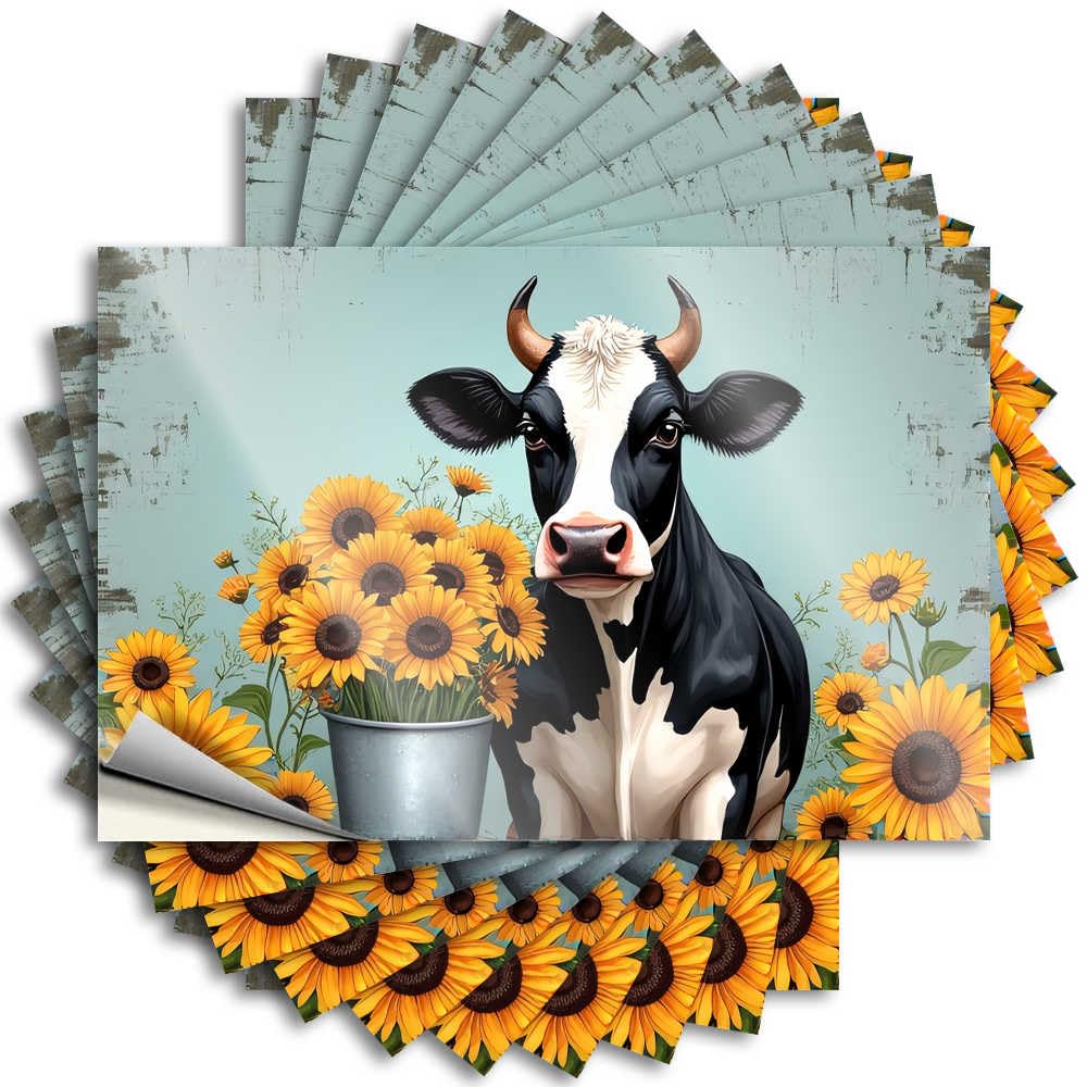 Lettering Sticker Southern Porch Decorations Bottle Black and White Cow with Sunflowers - No Residue Decals for Girl(6X9CM)