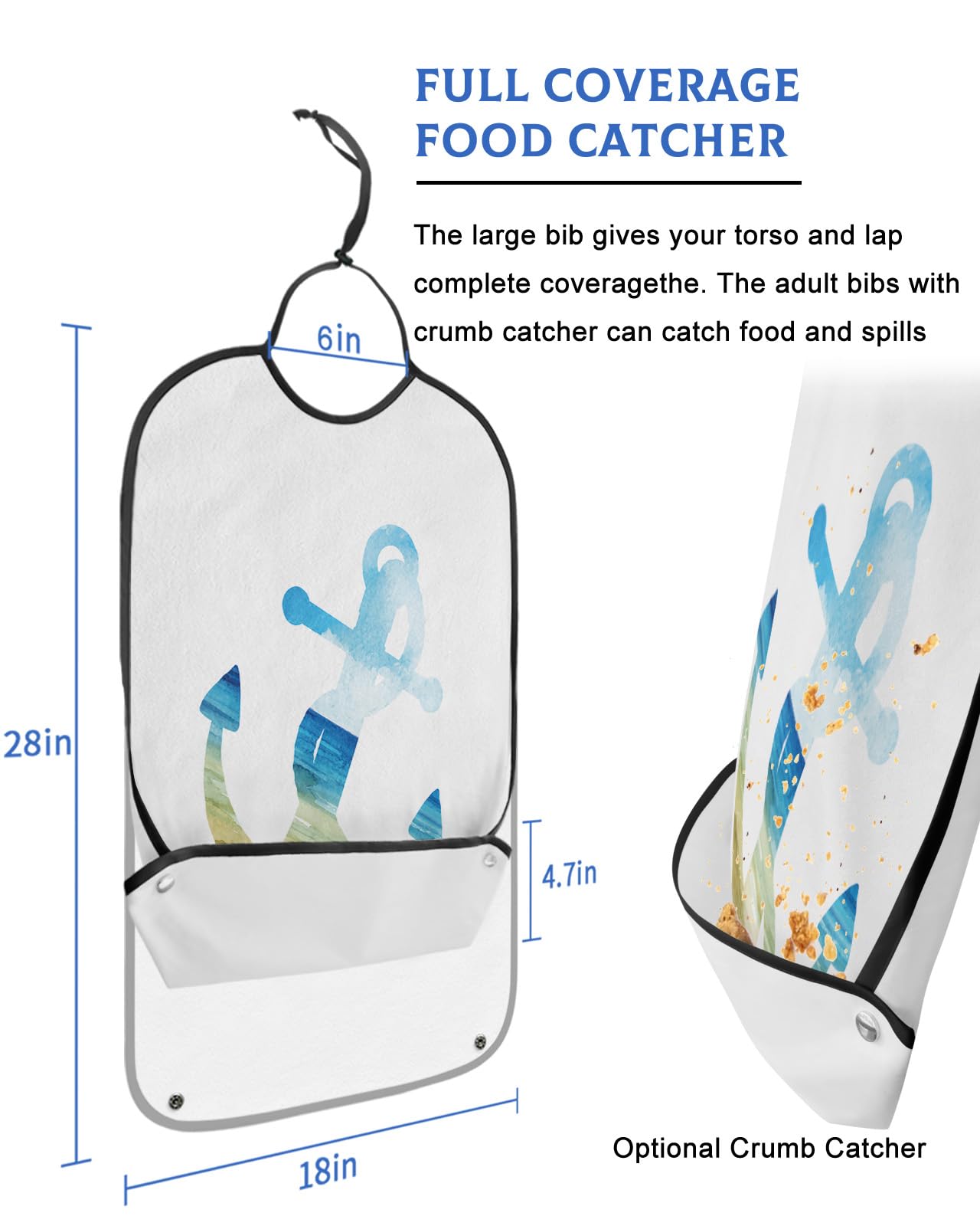 LEOKOTI Anchor Shape Sea Adult Bibs for Eating, Waterproof Bibs with Food Catcher & Adjustable Snap Closure, Watercolor Blue Sky Beach Washable Clothing Protectors Adult Bibs for Elderly Women/Men